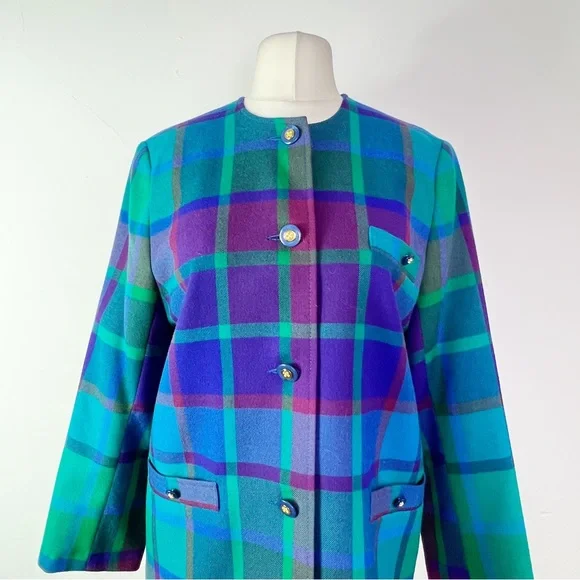 Vintage Avoca Made in Ireland Purple & Green Checked Wool Jacket Size S - Picture 3 of 11
